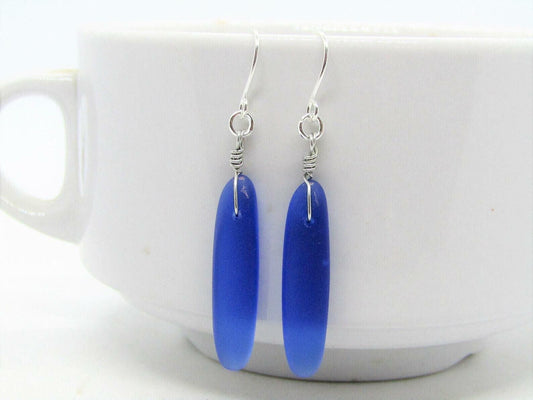 Long Cobalt Seaglass Earrings: Bohemian Silver Dangle Earrings