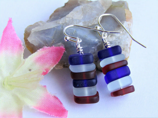 Handmade Stacked Sea Glass Earrings: Sterling Silver, Red, White & Blue