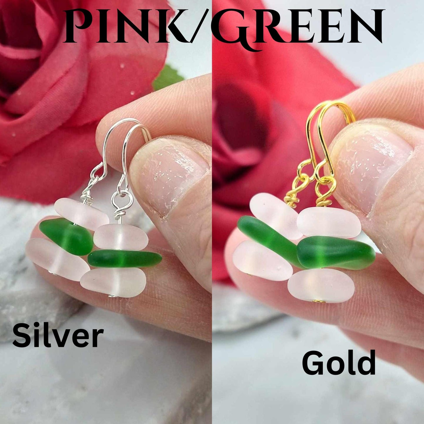 Pink Seaglass Dangle Earrings: Sterling Silver Beach Stone Drop