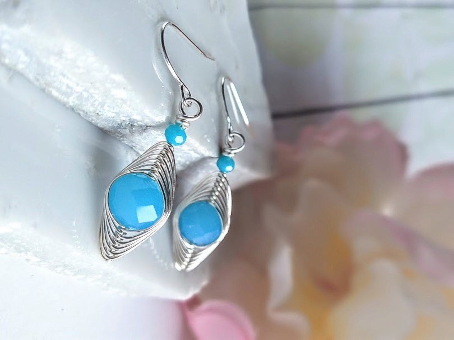Aquamarine Glass Dangle Earrings: Sterling Silver Wire Wrapped Crystal