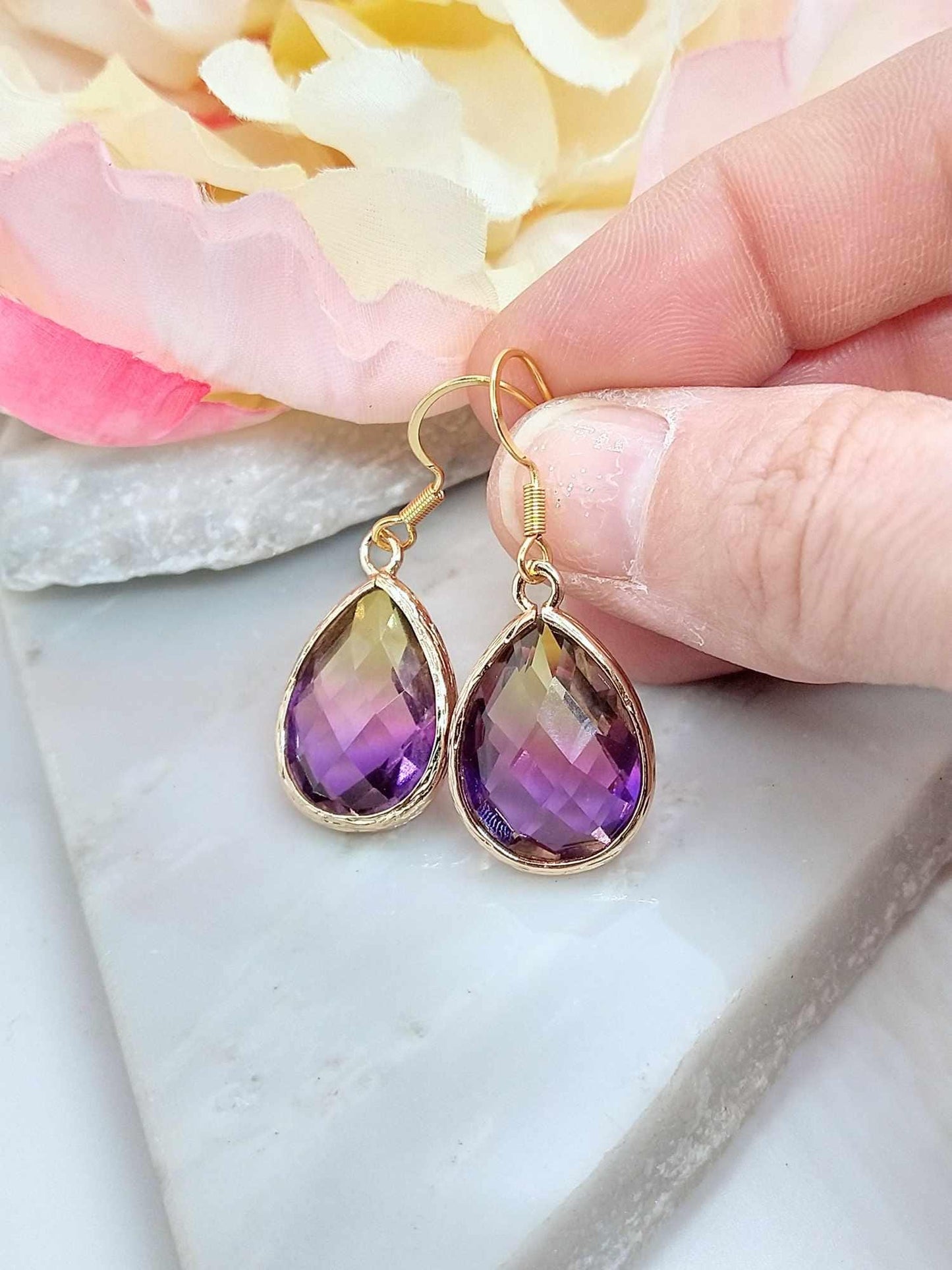 Purple Yellow Glass Teardrop Earrings: 14k Gold Dangle Earrings