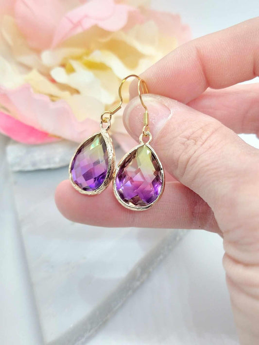 Purple Yellow Glass Teardrop Earrings: 14k Gold Dangle Earrings