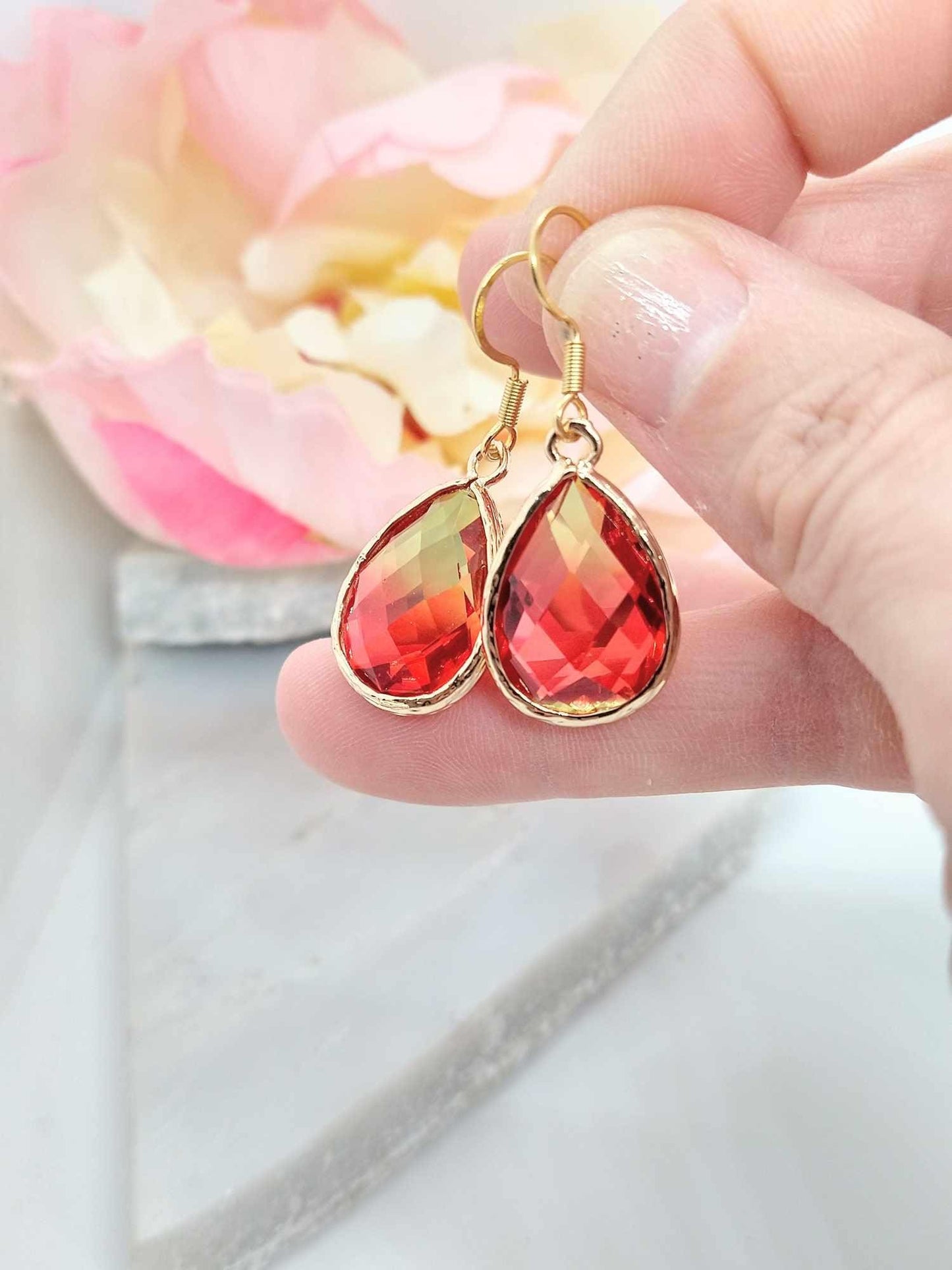 Red Teardrop Glass Earrings: 14k Gold, Dainty Dangle