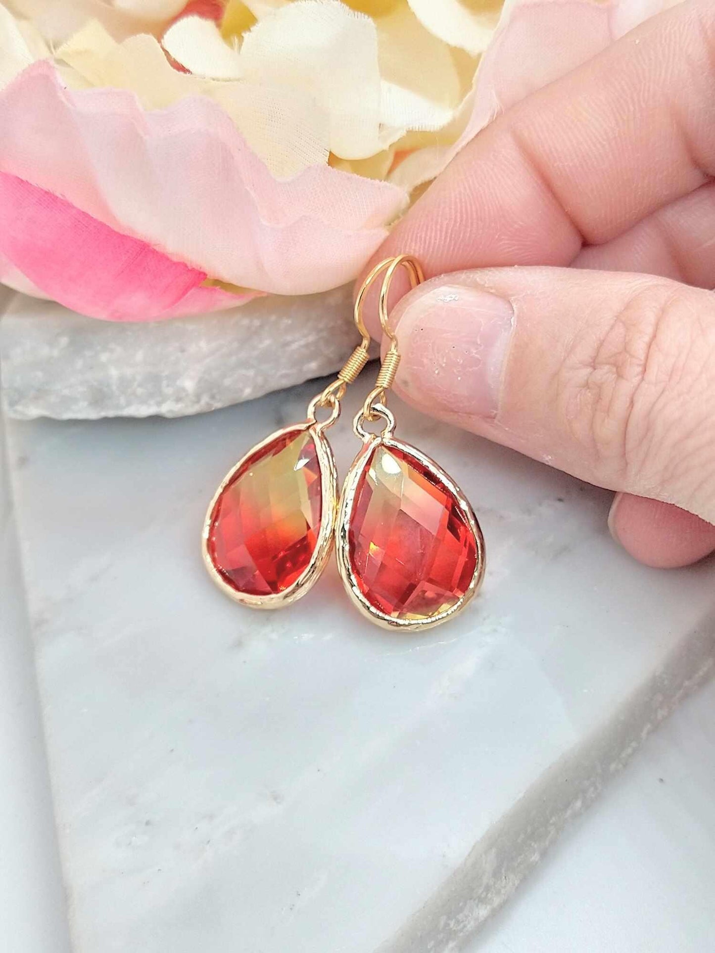 Red Teardrop Glass Earrings: 14k Gold, Dainty Dangle