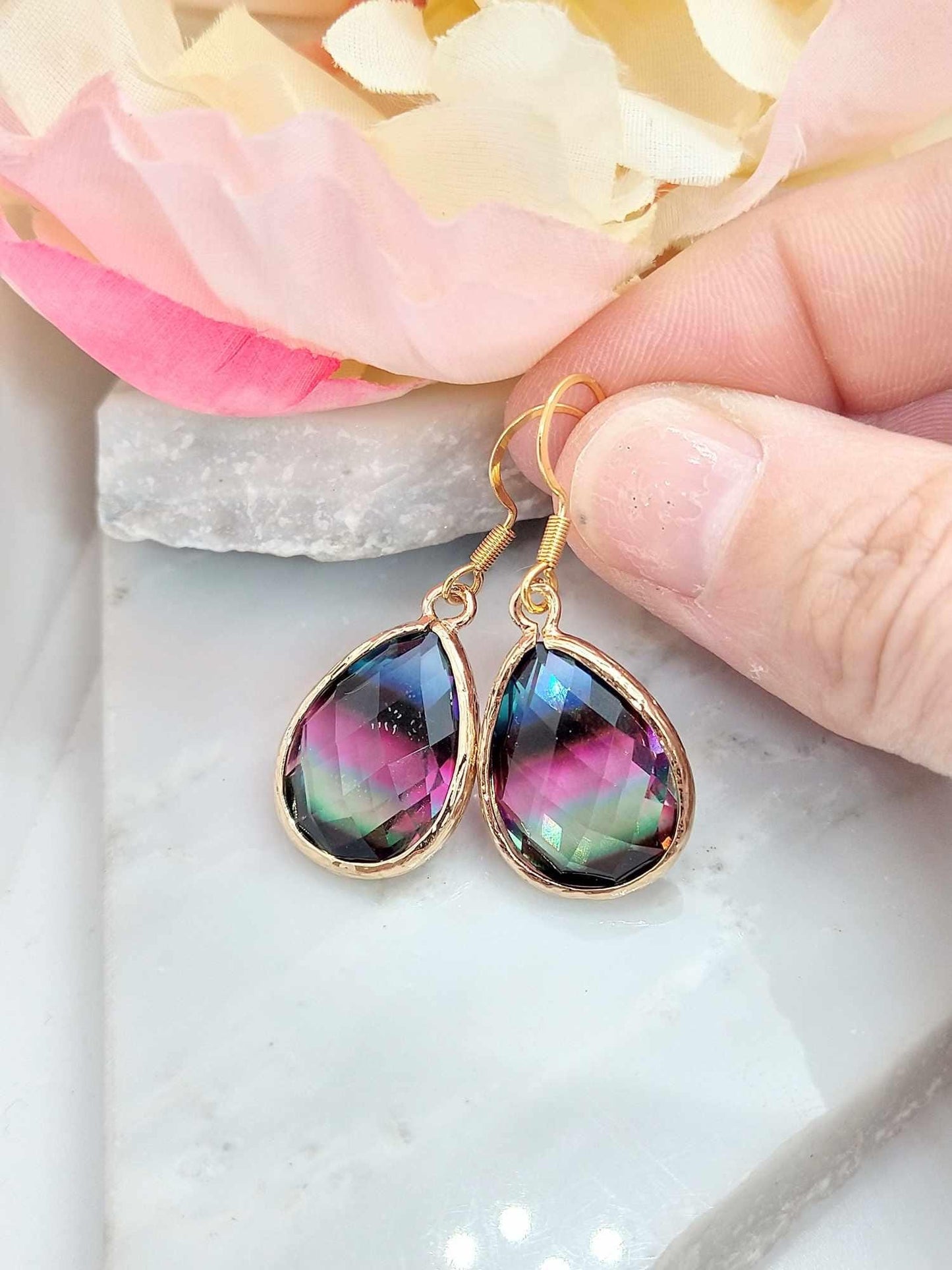 Purple Glass Teardrop Earrings: 14k Gold Dangle Earrings