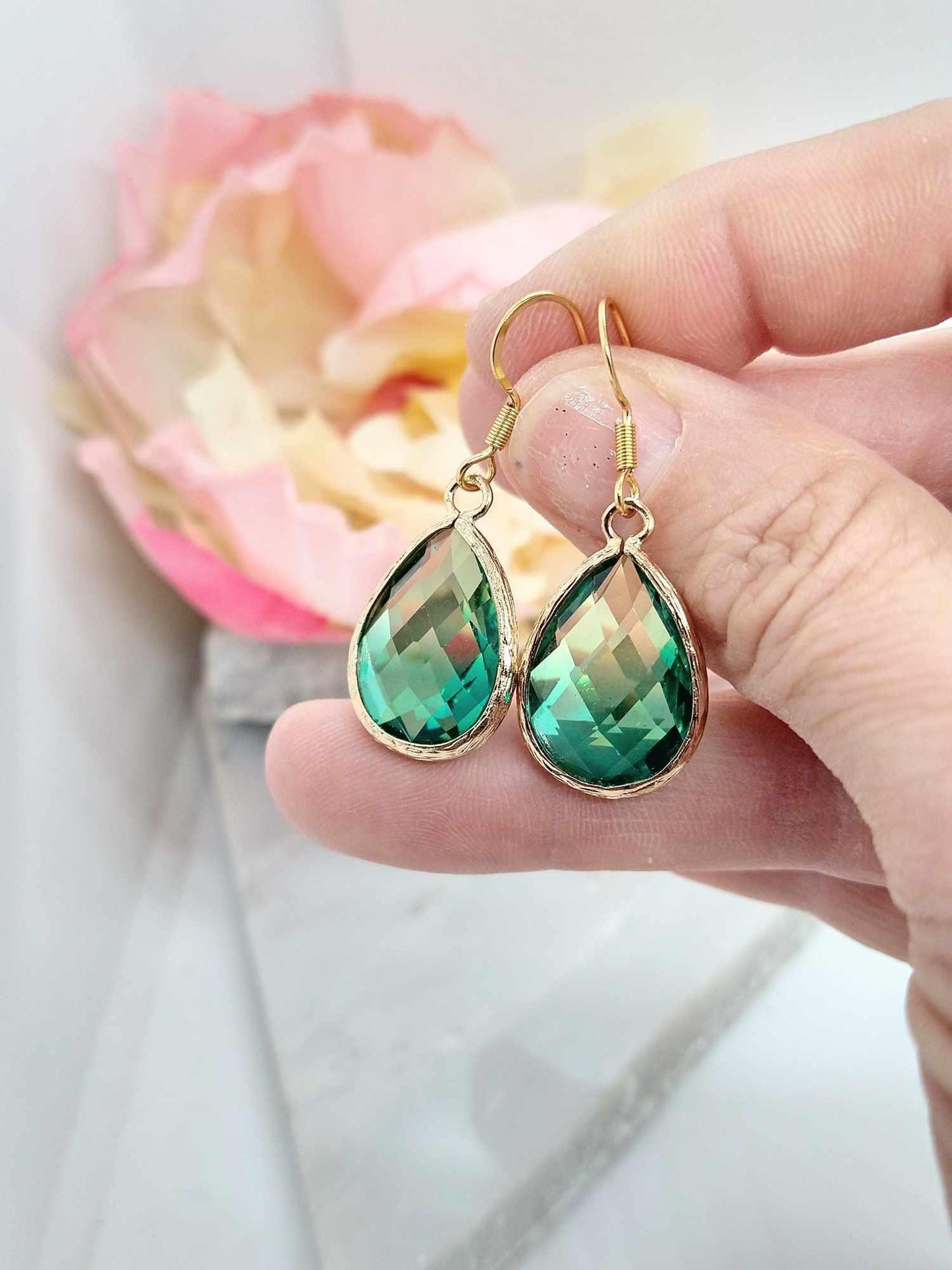 Green & Yellow Glass Teardrop Earrings: Gold Dangle Jewelry