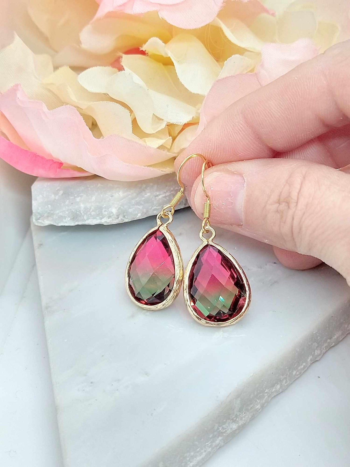 Gold Teardrop Dangle Earrings: Pink Green Crystal, 14k Gold Hooks