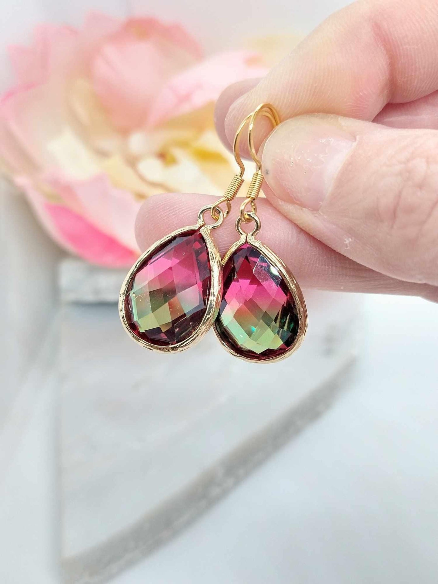 Gold Teardrop Dangle Earrings: Pink Green Crystal, 14k Gold Hooks