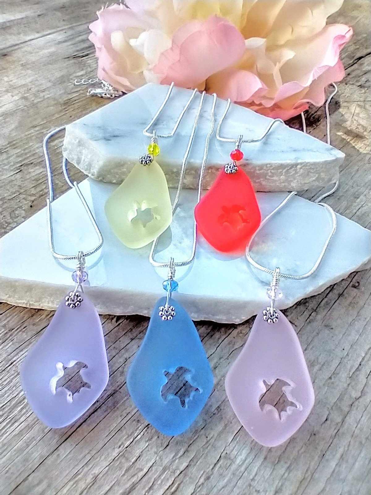 Sea Turtle Sea Glass Necklace: Sterling Silver Beach Jewelry