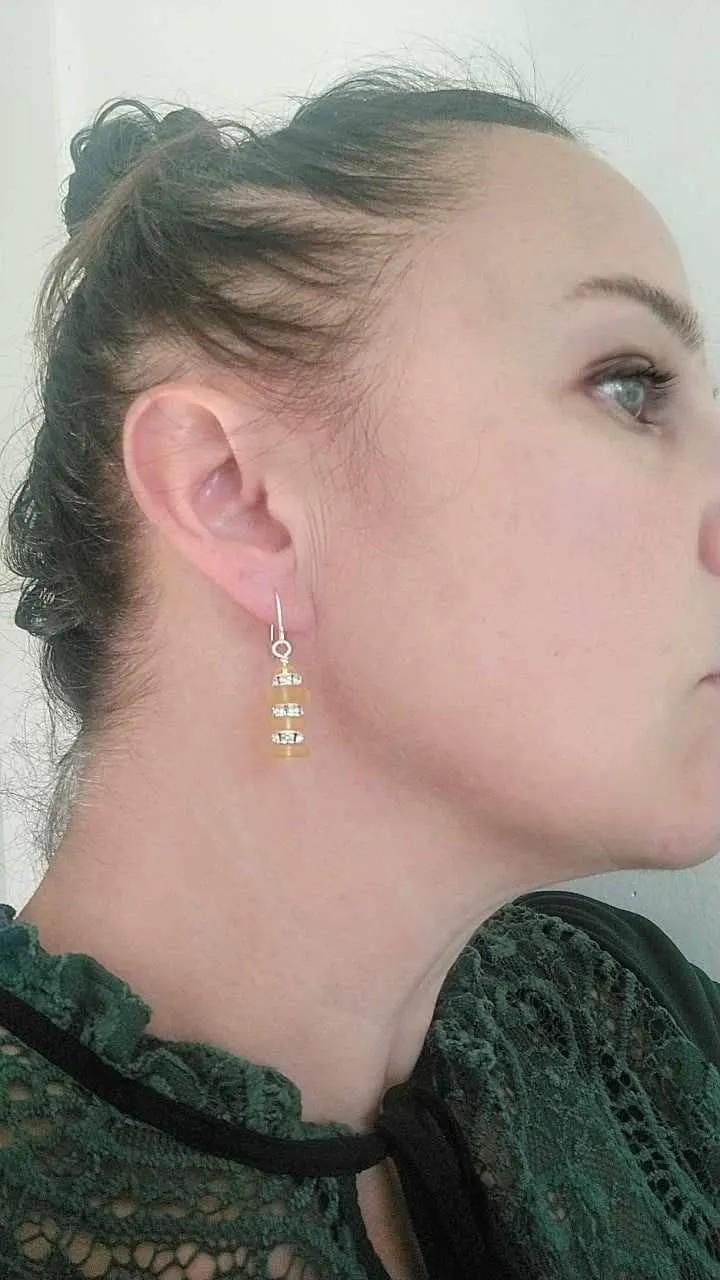 Yellow Sea Glass Dangle Earrings: Silver Rhinestone Accent