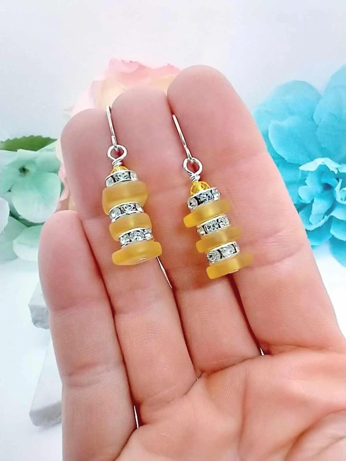 Yellow Sea Glass Dangle Earrings: Silver Rhinestone Accent