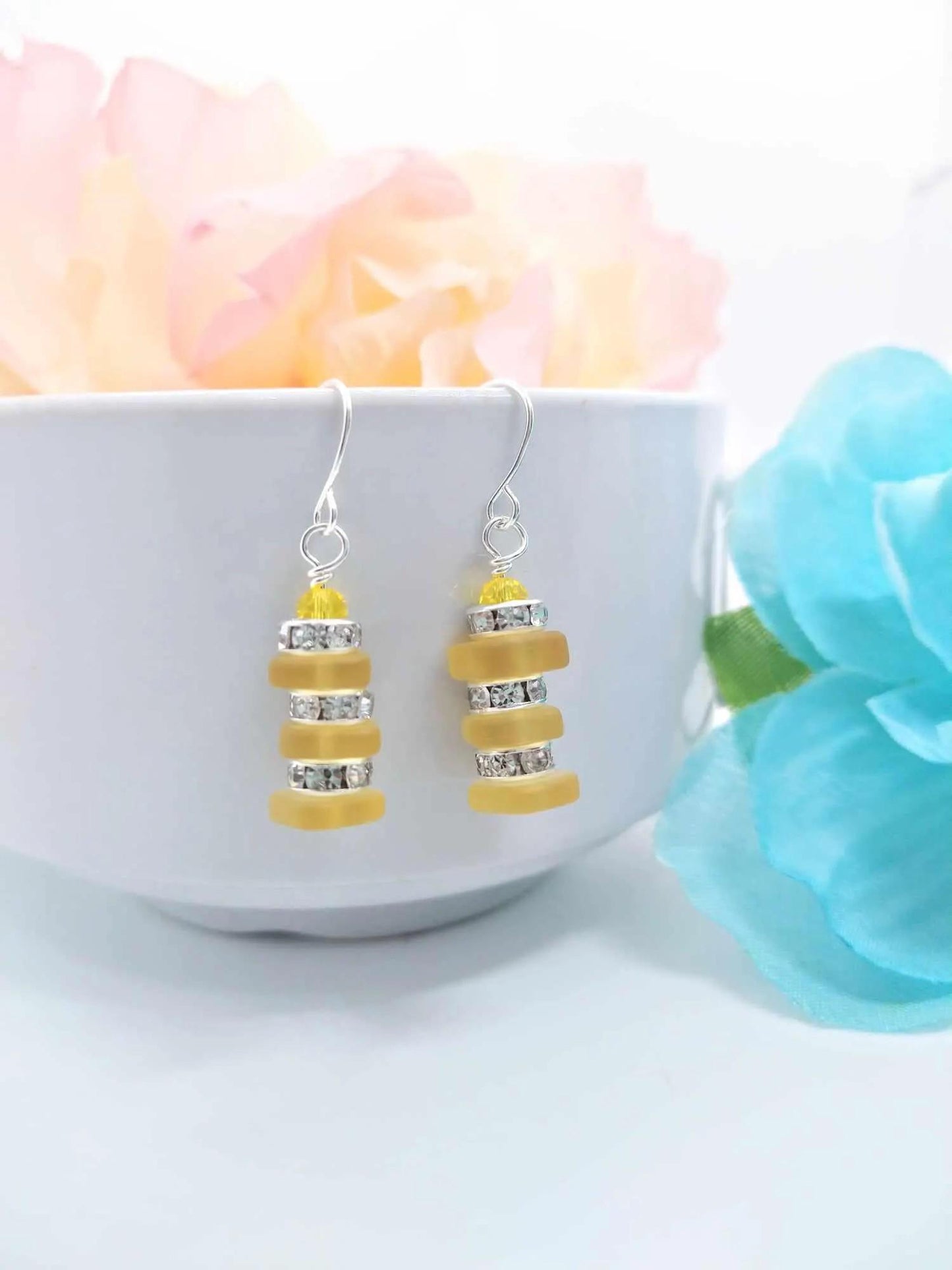 Yellow Sea Glass Dangle Earrings: Silver Rhinestone Accent