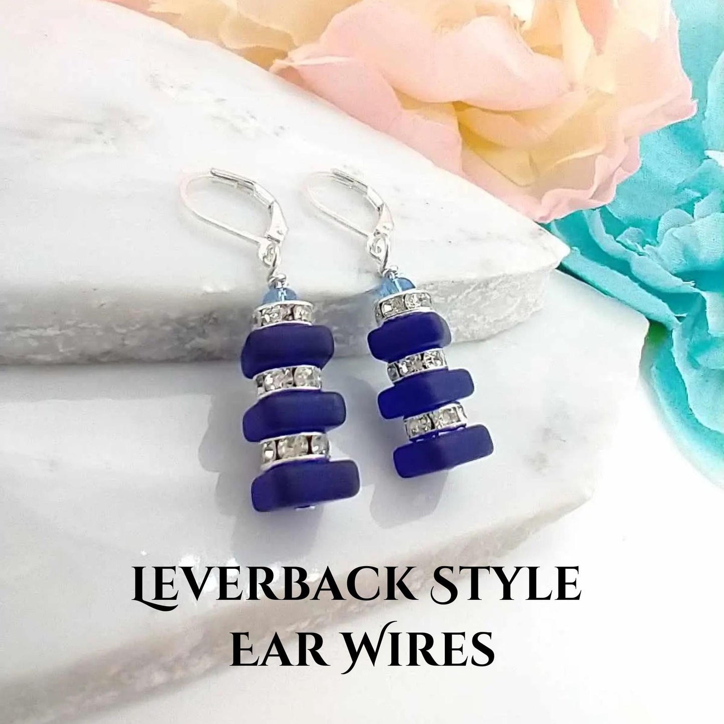 Cobalt Blue Sea Glass Dangle Earrings: Silver Crystal Jewelry