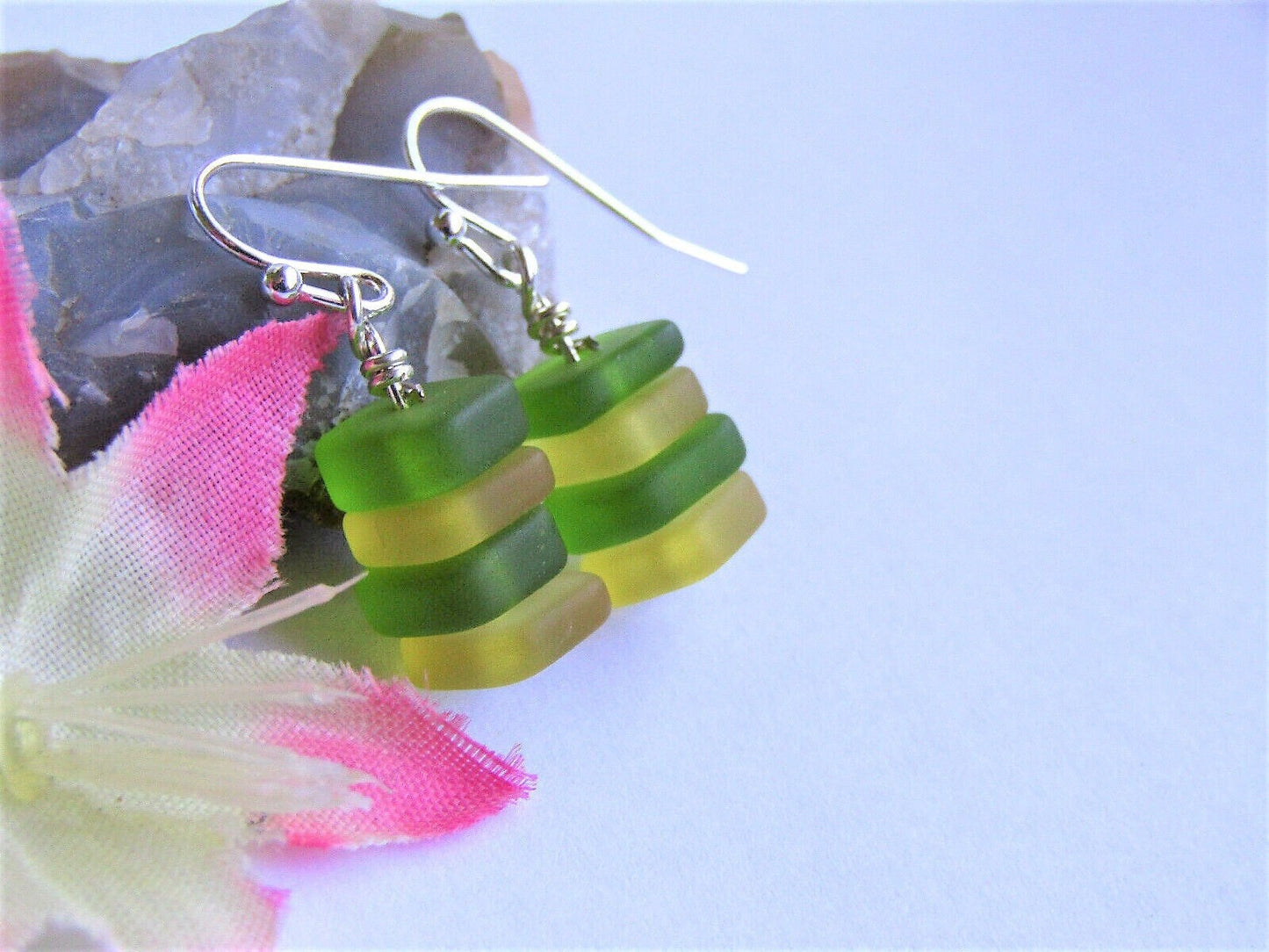 Stacked Sea Glass Dangle Earrings: Sterling Silver, Oregon Ducks Colors