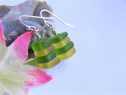 Stacked Sea Glass Dangle Earrings: Sterling Silver, Oregon Ducks Colors