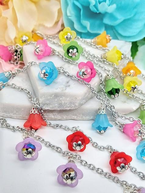 Handmade Pink Flower Charm Bracelet: Boho Floral Jewelry