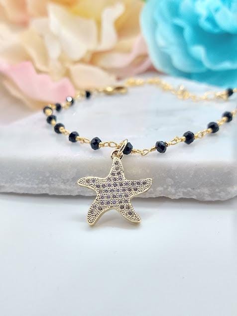 Onyx Beaded Bracelet: Starfish Charm, 18kt Gold Vermeil