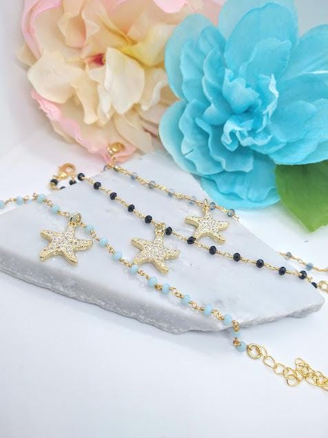 Dainty Starfish Charm Bracelet: Beaded Gemstone, 18kt Gold Vermeil