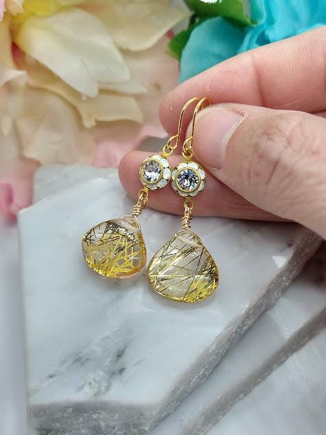 14k Gold Vermeil Rutilated Quartz Teardrop Earrings with Crystal