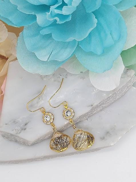 14k Gold Vermeil Rutilated Quartz Teardrop Earrings with Crystal