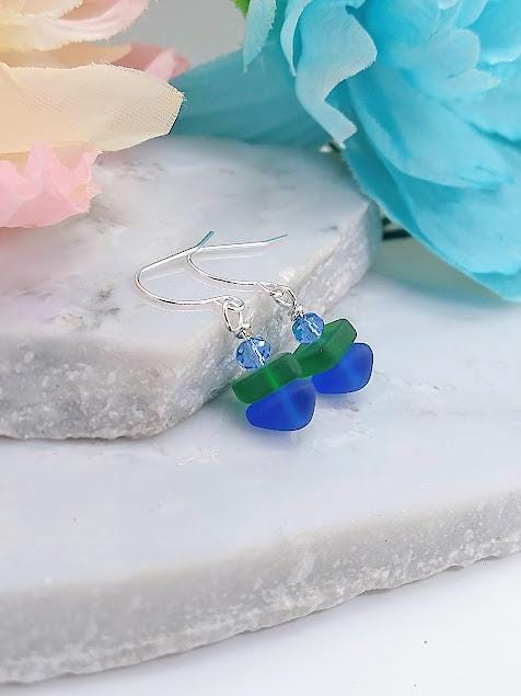 Dainty Sea Glass Earrings: Sterling Silver, Blue & Green Ocean Baubles