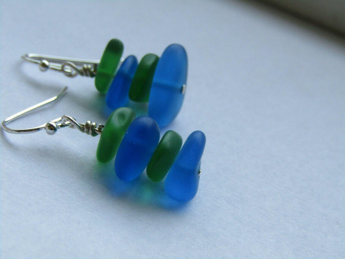 Stacked Sea Glass Earrings: Sterling Silver Dangles, Green & Blue Beach Jewelry