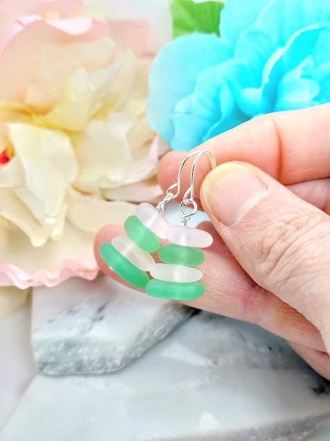 Pink & Green Sea Glass Earrings: Sterling Silver Dangle Earrings