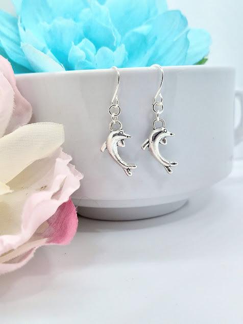 Dolphin Charm Earrings: Sterling Silver, Beach Wedding Jewelry
