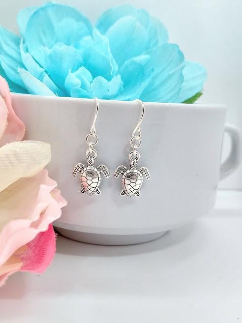 Sea Turtle Charm Earrings: Beachy Sterling Silver Earrings