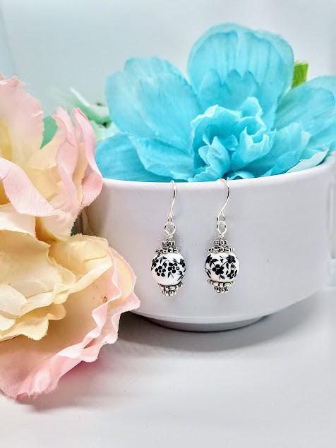 Black Flower Dangle Earrings: Silver Plated Floral Jewelry