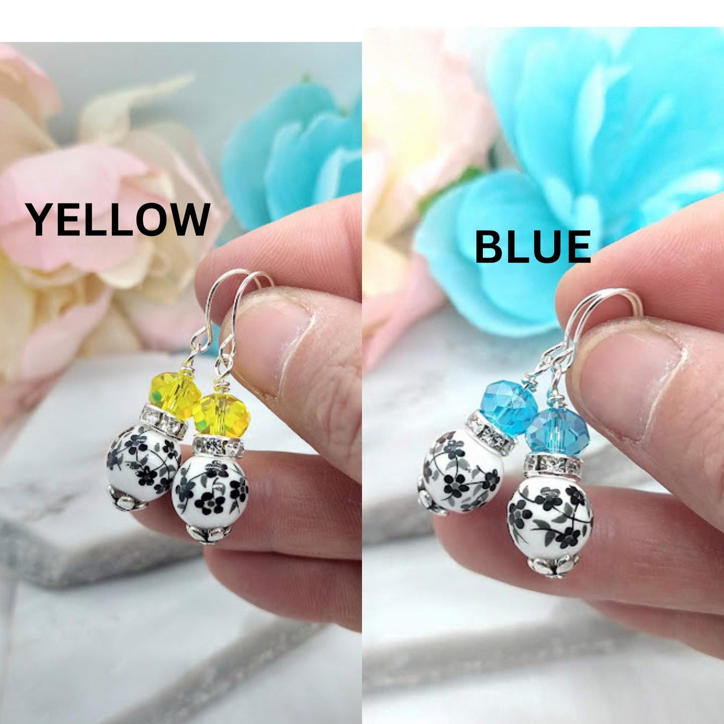 Black Flower Dangle Earrings: Red Glass Bead, Sterling Silver