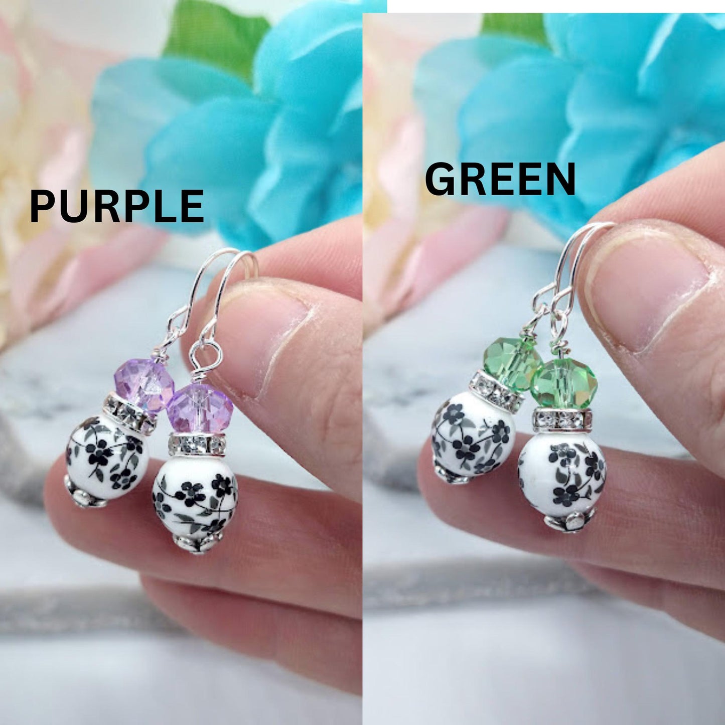 Black Flower Dangle Earrings: Sterling Silver, Purple Glass Beads