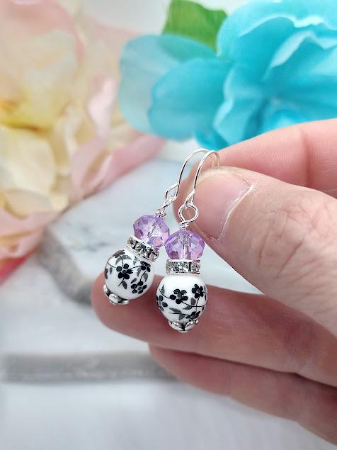 Black Flower Dangle Earrings: Sterling Silver, Purple Glass Beads