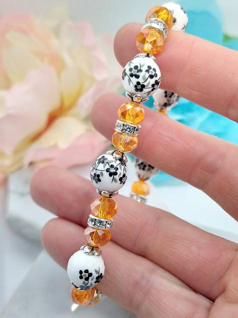 Spooky Halloween Bracelet: Orange Crystal & Black Floral Gothic Jewelry