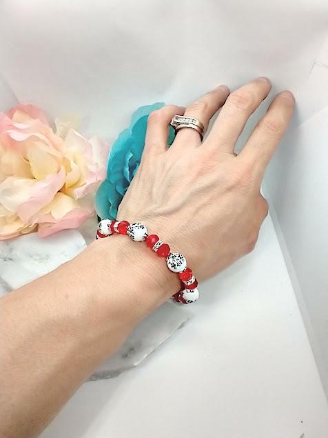 Handmade Black Flower Bracelet: Red Glass Beaded Floral Jewelry