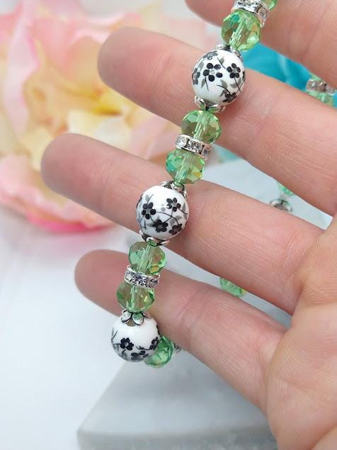 Black Flower Bracelet: Green Glass Beaded Floral Jewelry