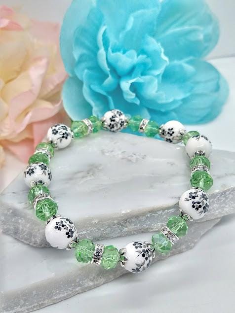 Black Flower Bracelet: Green Glass Beaded Floral Jewelry