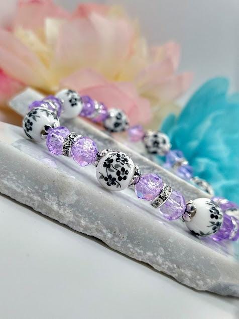 Black Flower Purple Beaded Stretch Bracelet: Floral Jewelry