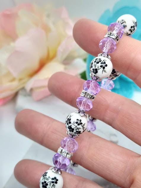 Black Flower Purple Beaded Stretch Bracelet: Floral Jewelry