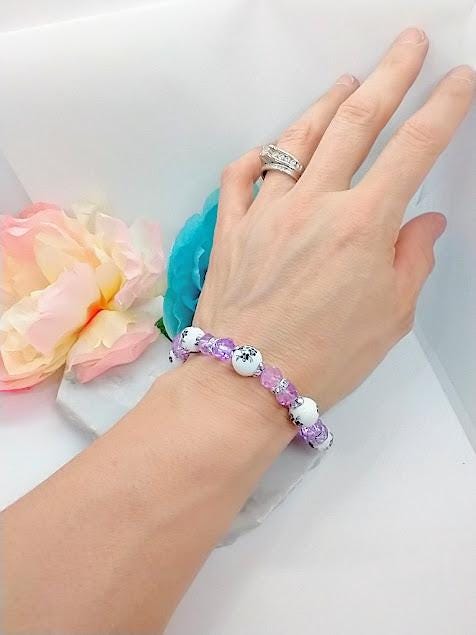 Black Flower Purple Beaded Stretch Bracelet: Floral Jewelry