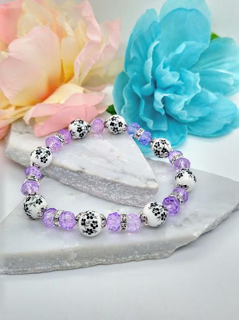 Black Flower Purple Beaded Stretch Bracelet: Floral Jewelry