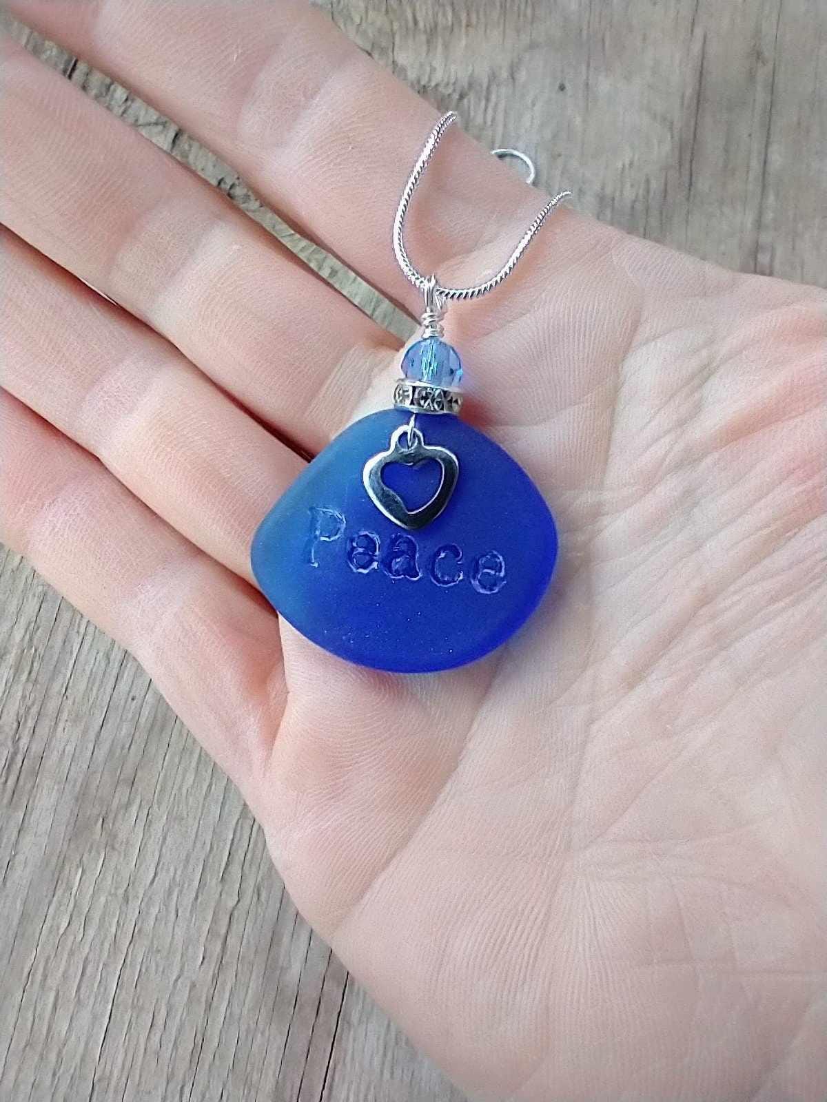 Sea Glass PEACE Necklace: Sterling Silver Chain, Beach Jewelry