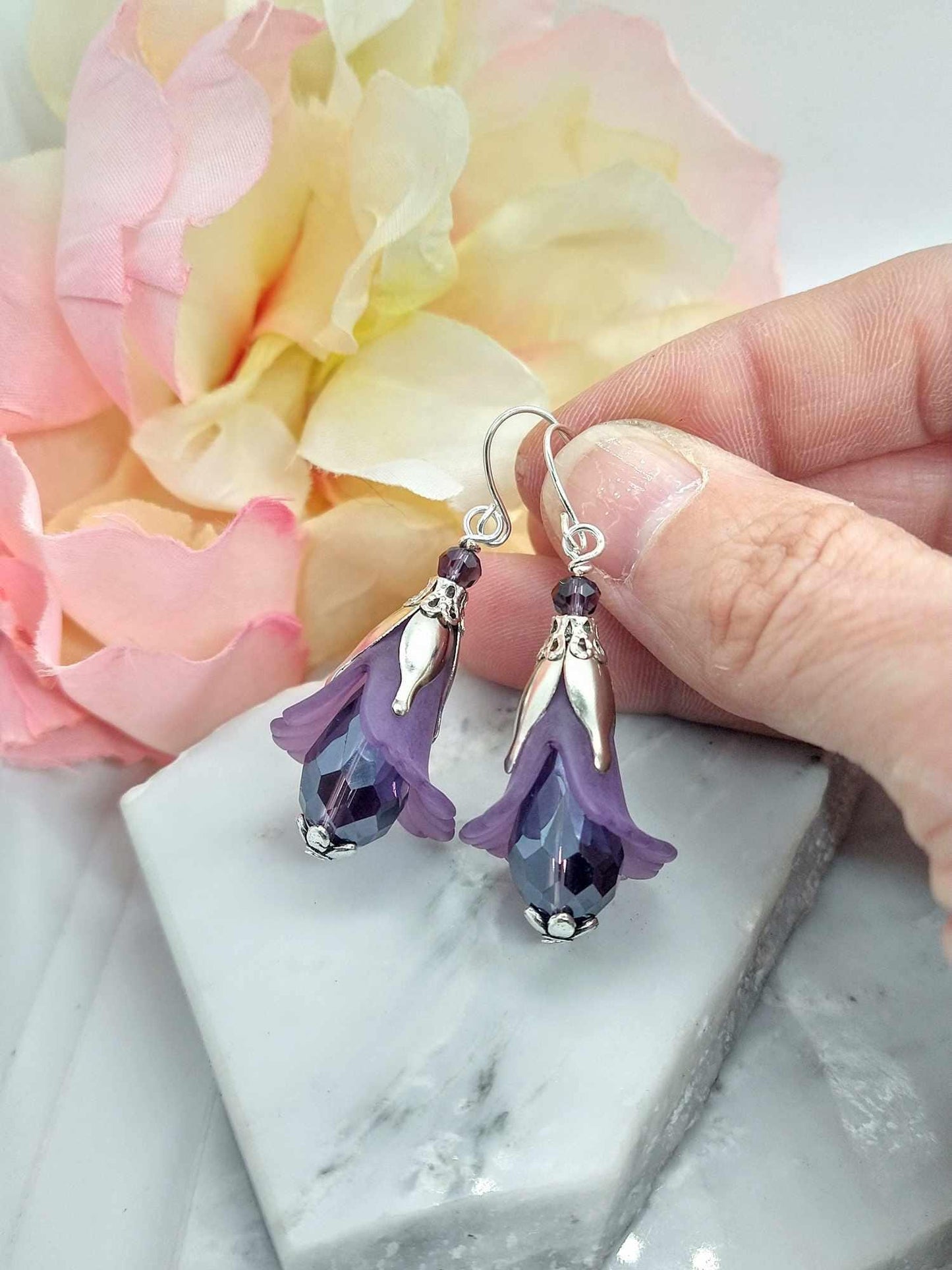 Purple Flower Dangle Earrings: Acrylic Floral Boho Drop Earrings