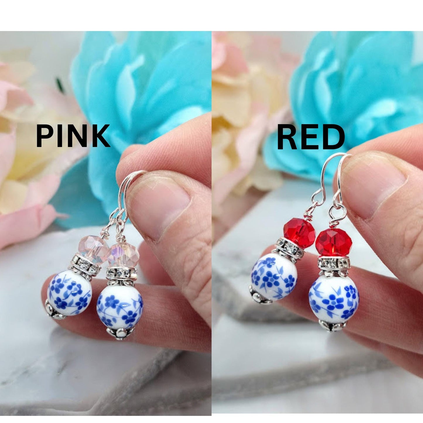 Blue Floral Dangle Earrings: Silver Plated, Green Accents