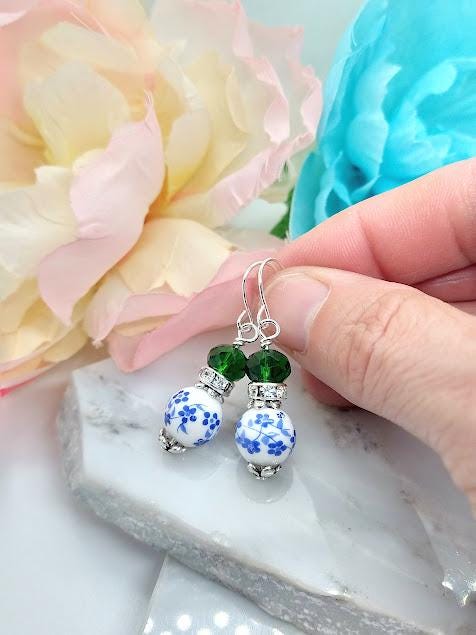 Blue Floral Earrings: Sterling Silver Dangle Earrings with Green Accents