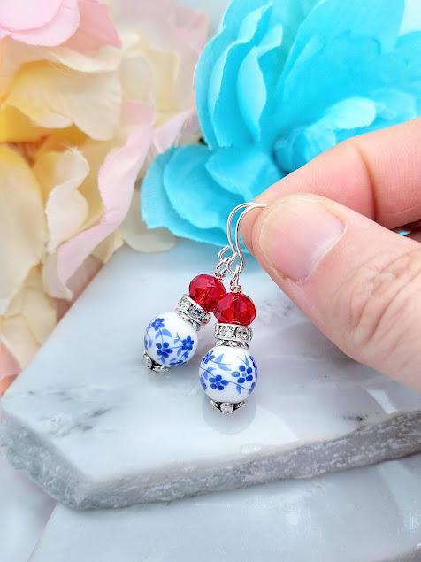 Blue Floral Dangle Earrings: Silver Plated Brass, Red Accents