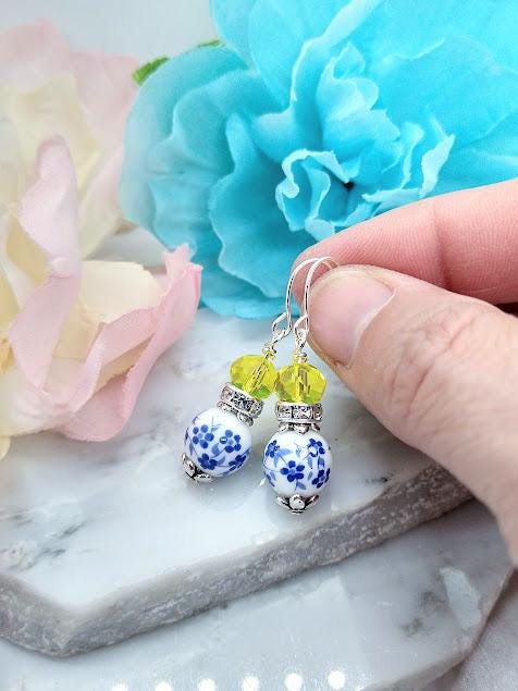 Blue Floral Dangle Earrings: Silver Plated Daisy Jewelry