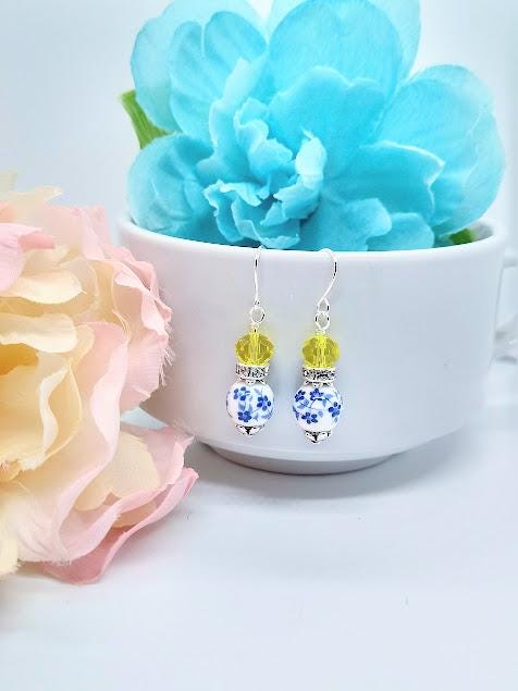 Blue Floral Dangle Earrings: Silver Plated Daisy Jewelry