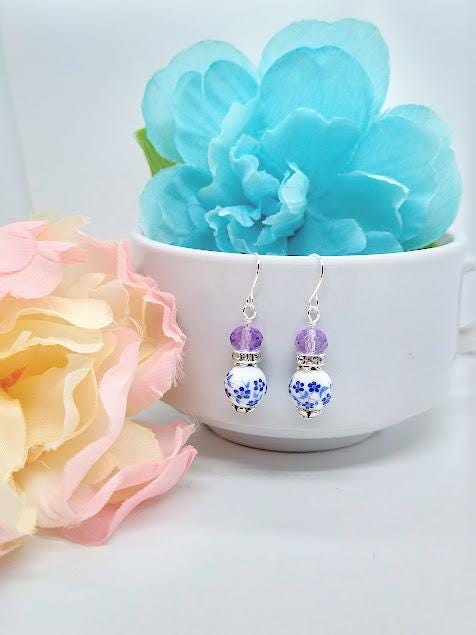 Blue Floral Dangle Earrings: Silver Plated Brass, Purple Accents