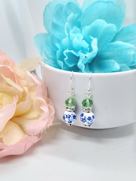 Blue Floral Dangle Earrings: Silver Plated, Green Accents